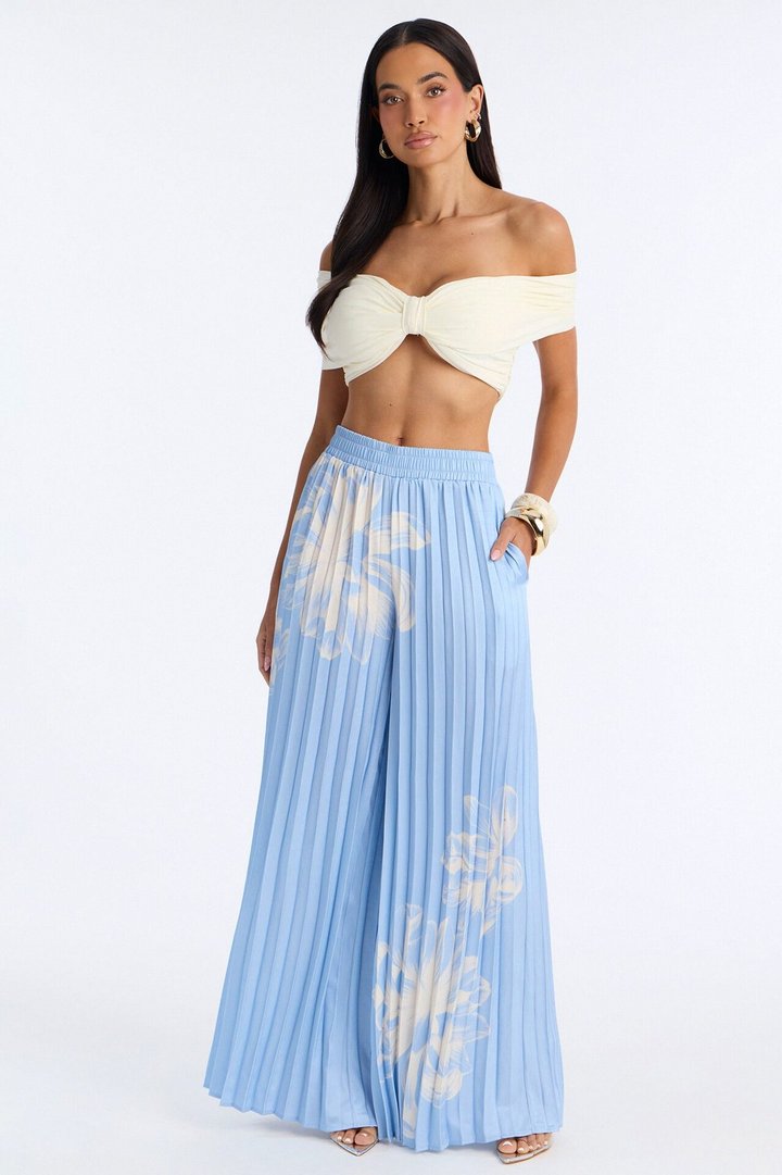 Let's Go Babe Satin Printed Wide Leg Pant - Blue/combo