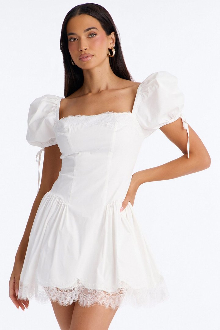 Noelle Poplin Lace Mini Dress - White