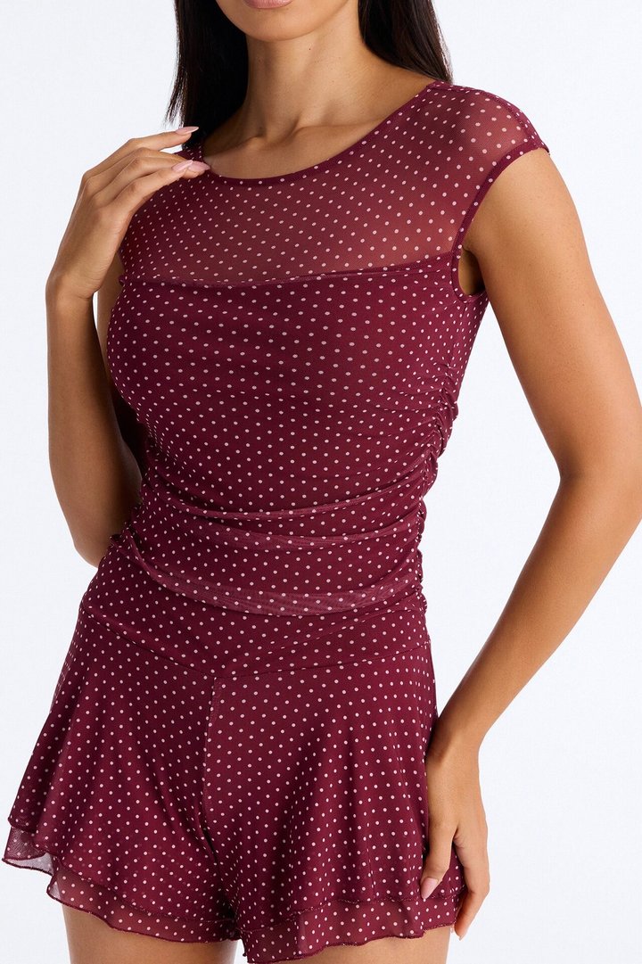 Pretty Little Moment Polka Dot Mesh Rompetr - Wine