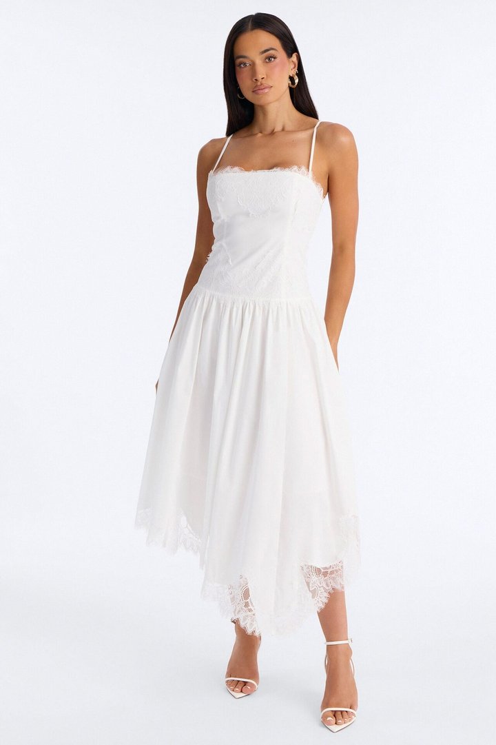Noelle Poplin Lace Midi Dress - White