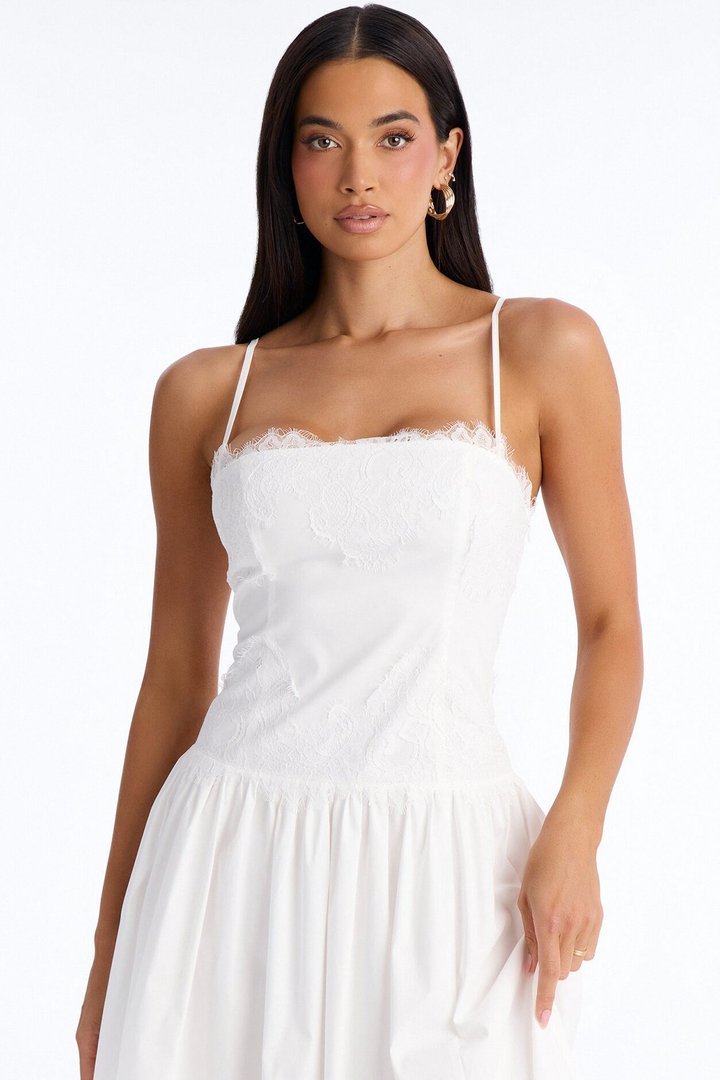 Noelle Poplin Lace Midi Dress - White