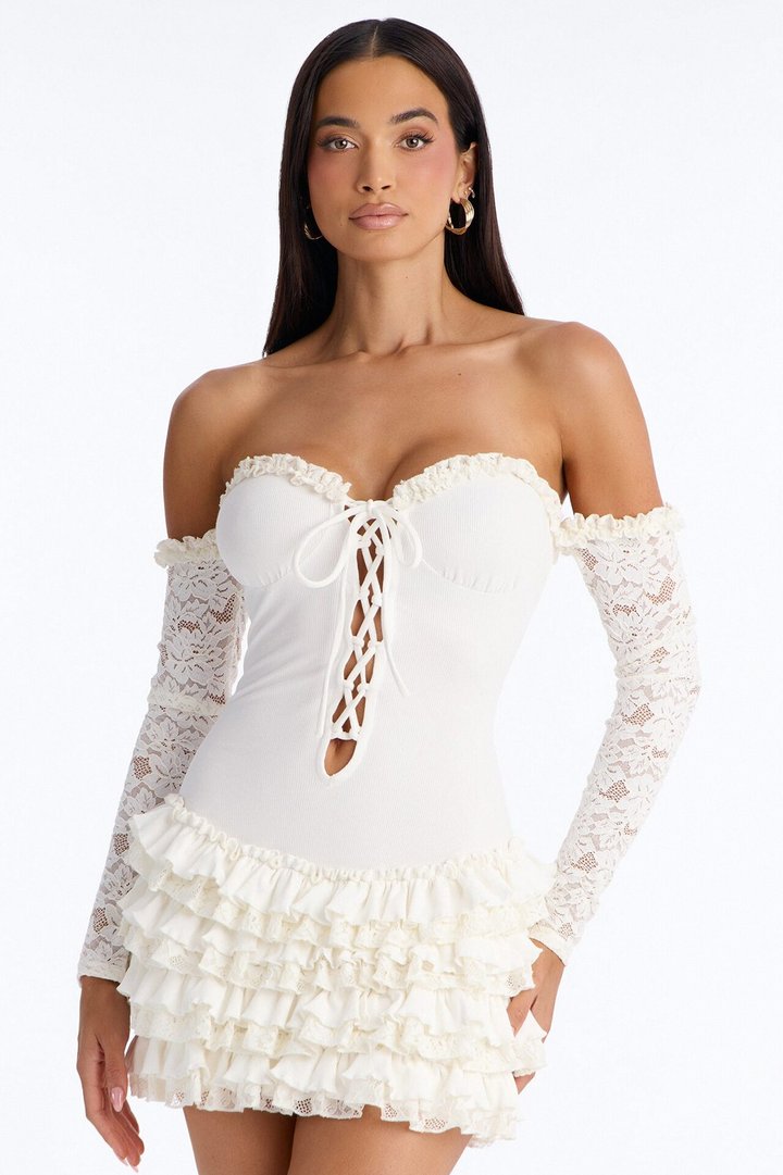 Citrus Ribbed Lace Ruffle Mini Dress - White