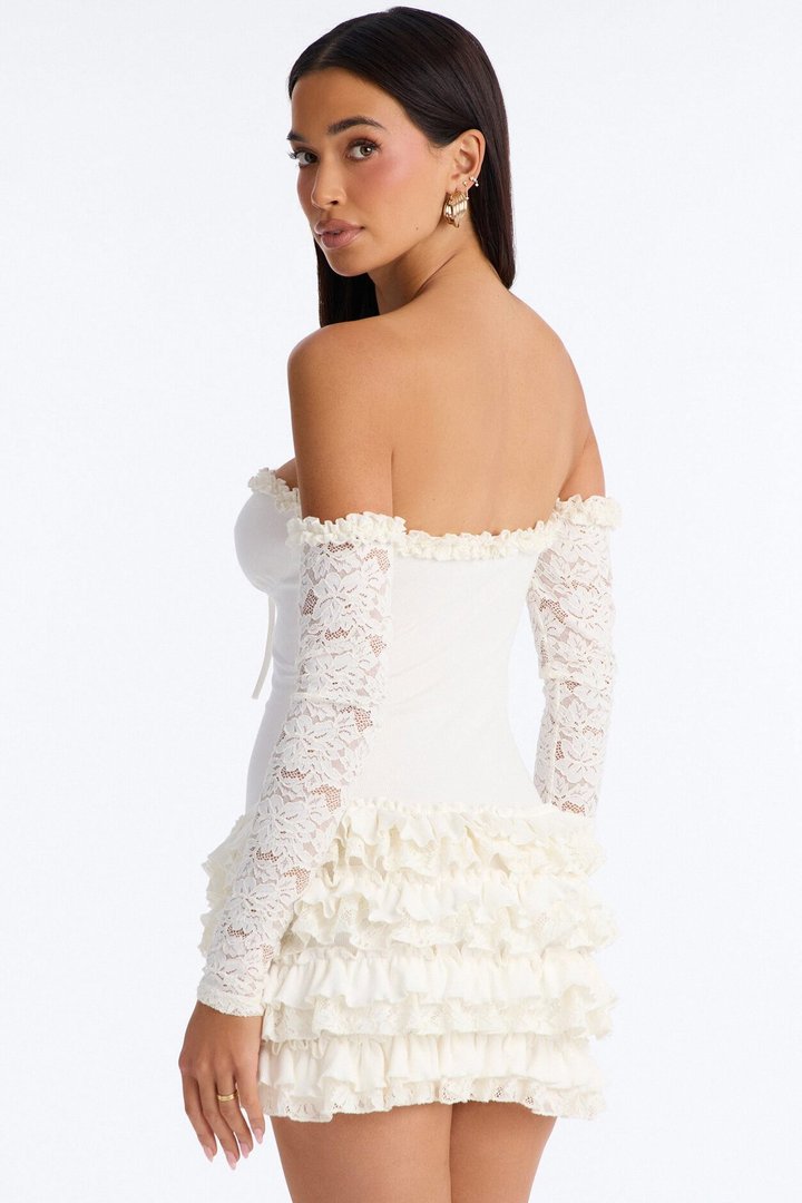 Citrus Ribbed Lace Ruffle Mini Dress - White