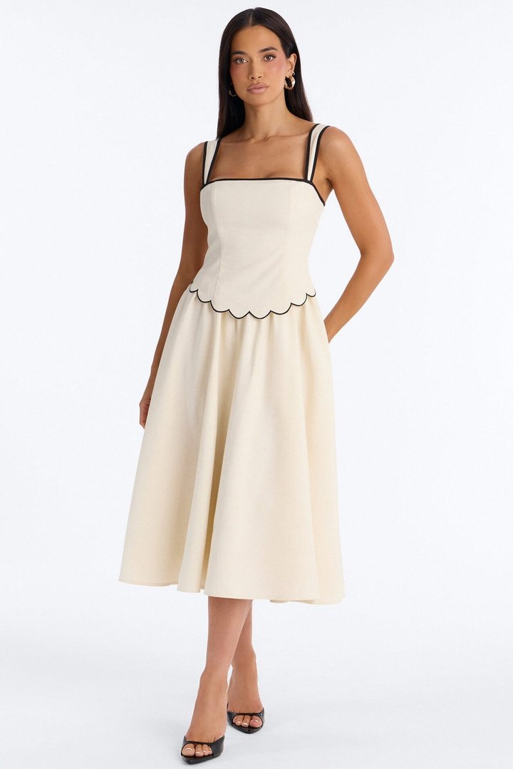 Sloane Linen Midi Dress - Off White/combo