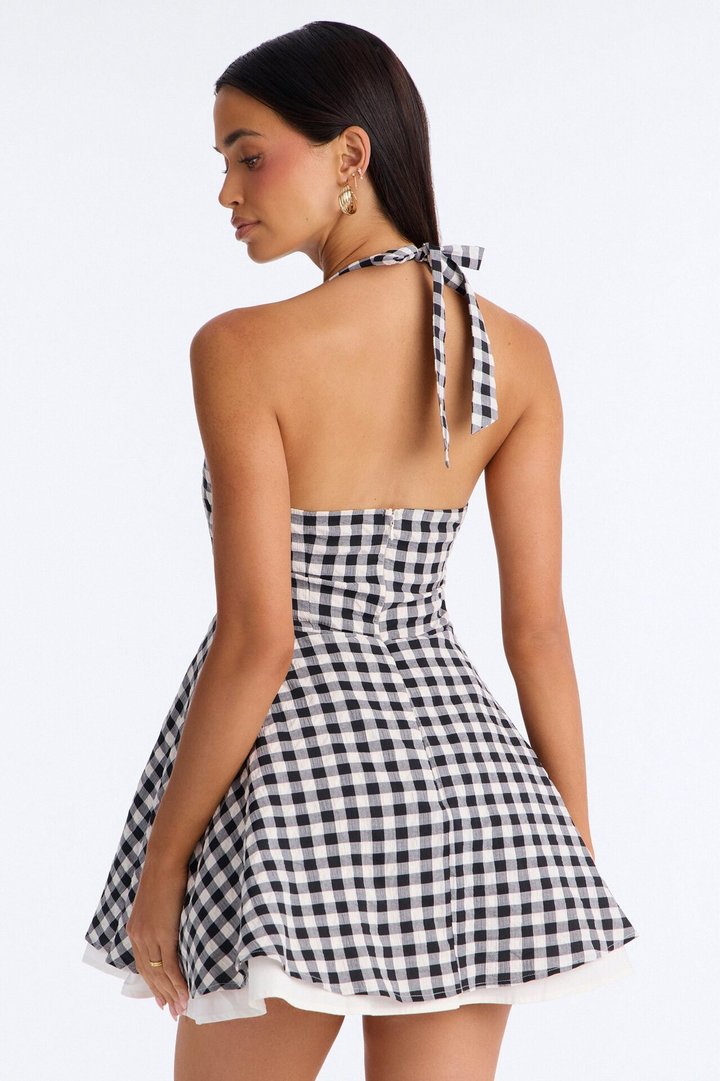 Glowing Gingham Halter Neck Mini Dress - Black/White
