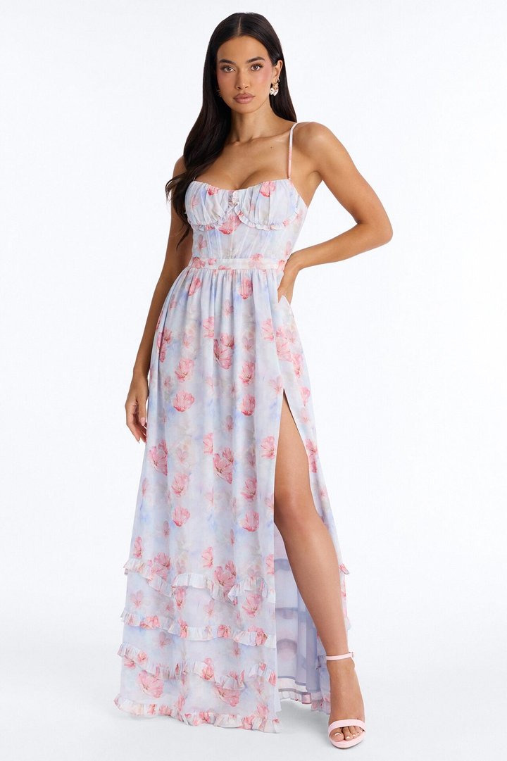 Daisy Chiffon Floral Maxi Dress - Blue/combo