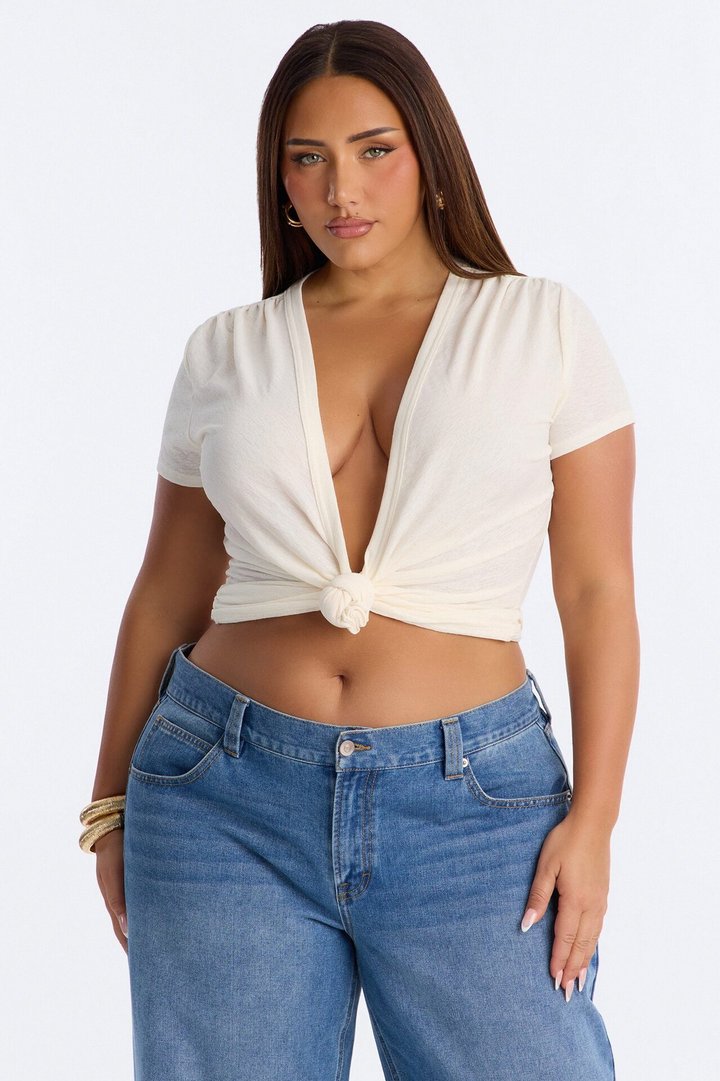 Selena Textured Knot Short Sleeve Top - OffWhite