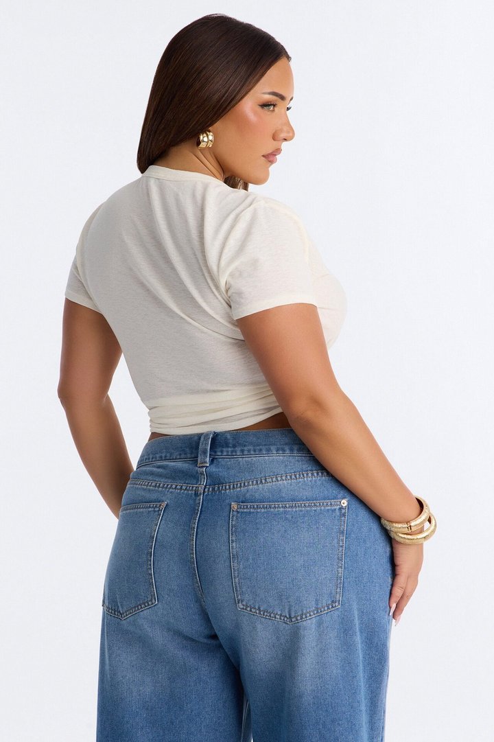 Selena Textured Knot Short Sleeve Top - OffWhite