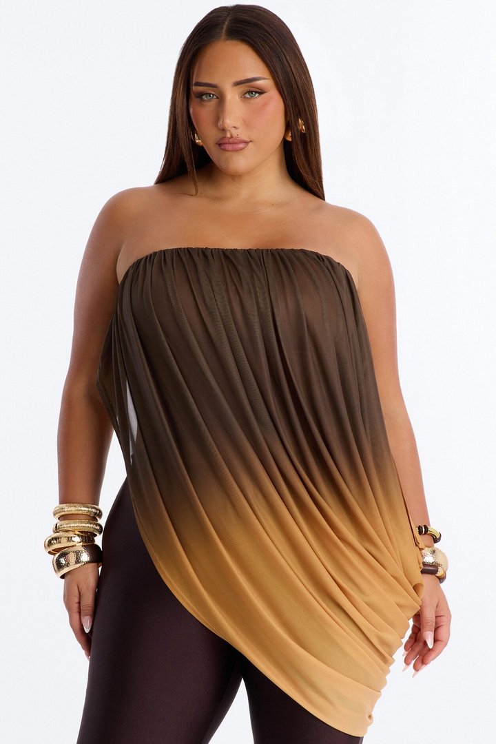 Bora Bora Ombre Asymmetrical Mesh Top - Taupe/combo