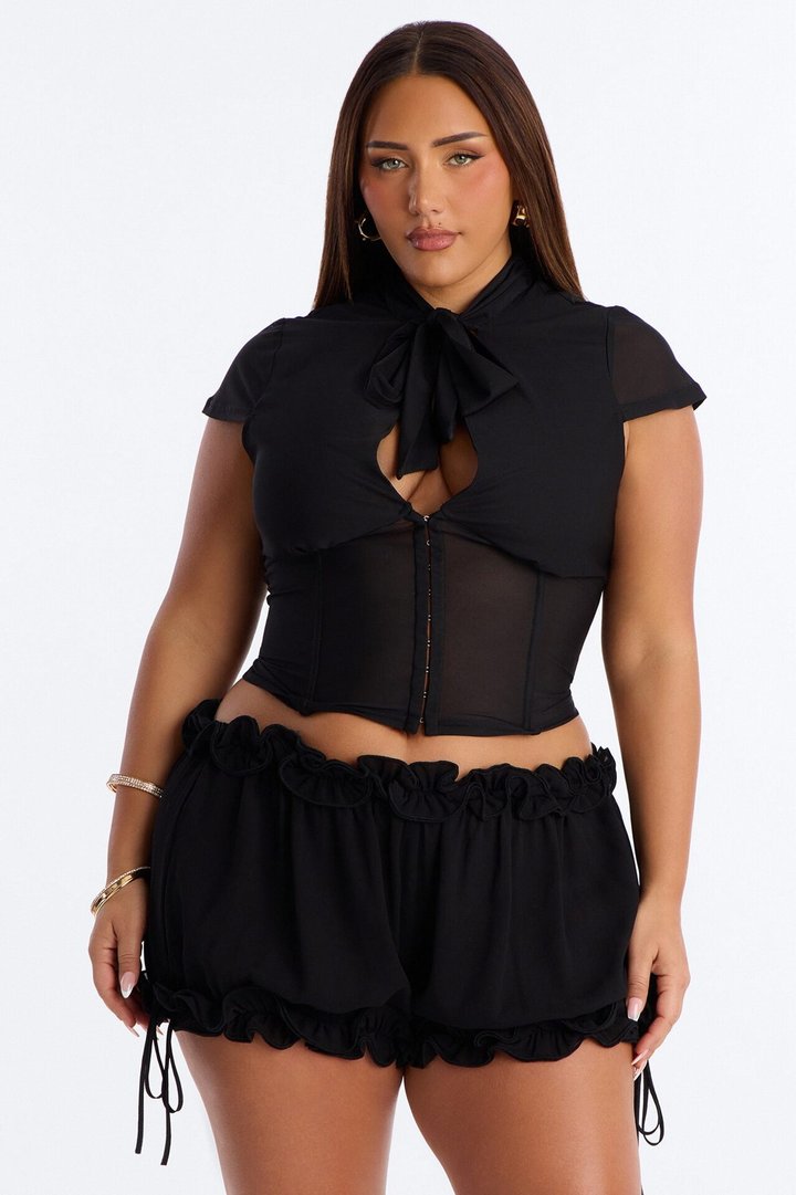Always A Lady Tie Front Mesh Corset - Black