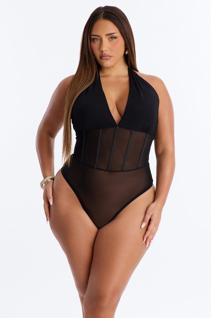 Nightfall Vibe Sheer Corset Waist Bodysuit - Black