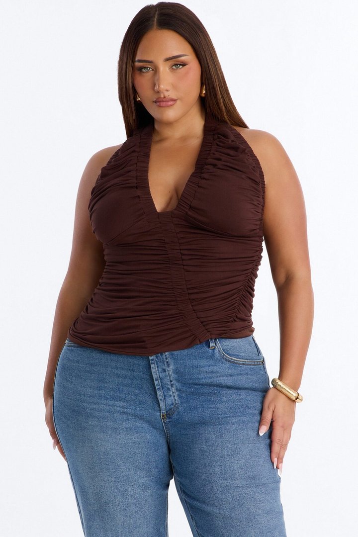 Rianna Ruched Deep V-Neck Tank Top - Brown