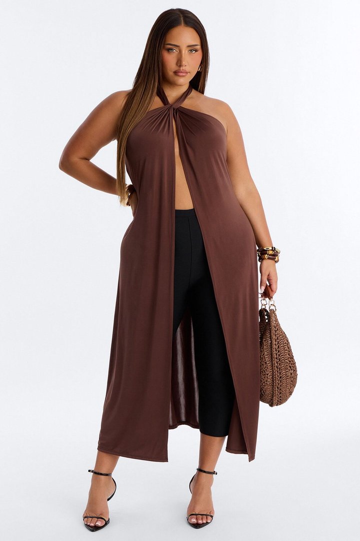 Luna Long Flyaway Low Back Top - Brown