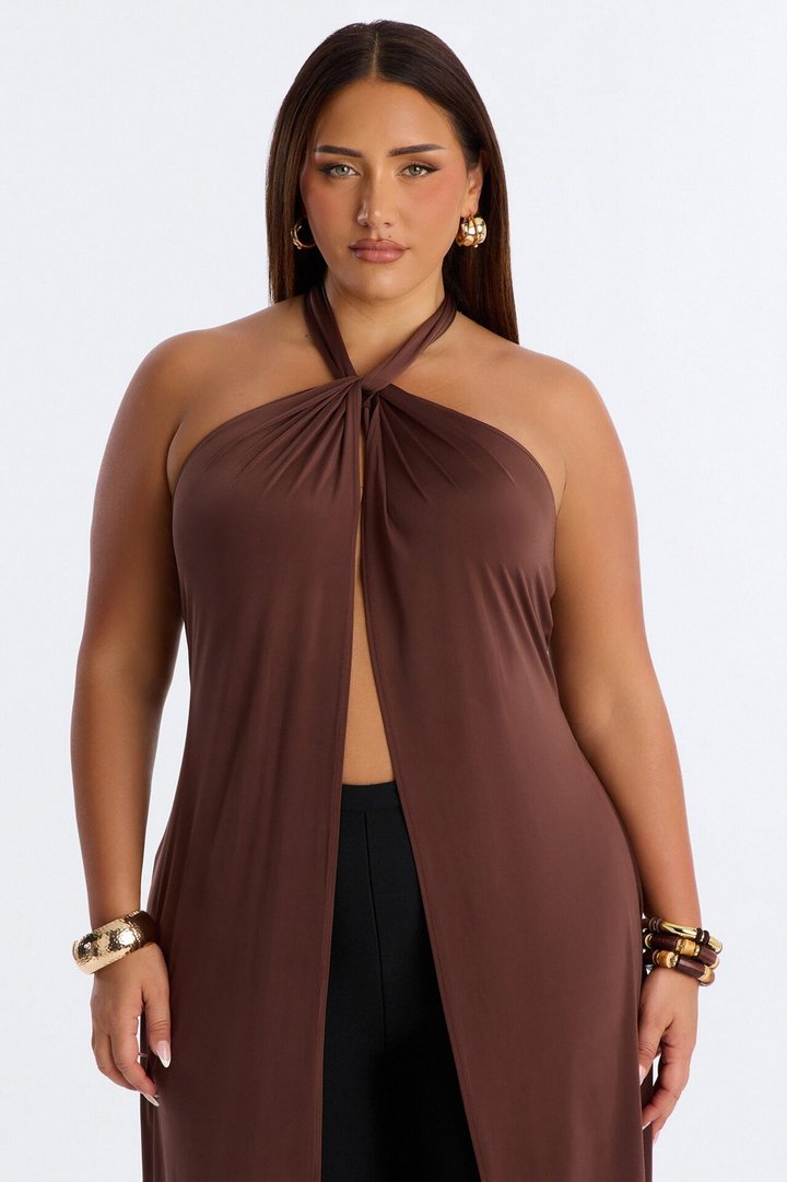 Luna Long Flyaway Low Back Top - Brown