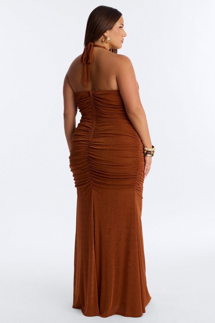 Maia Ruched Slinky Maxi Dress - Rust