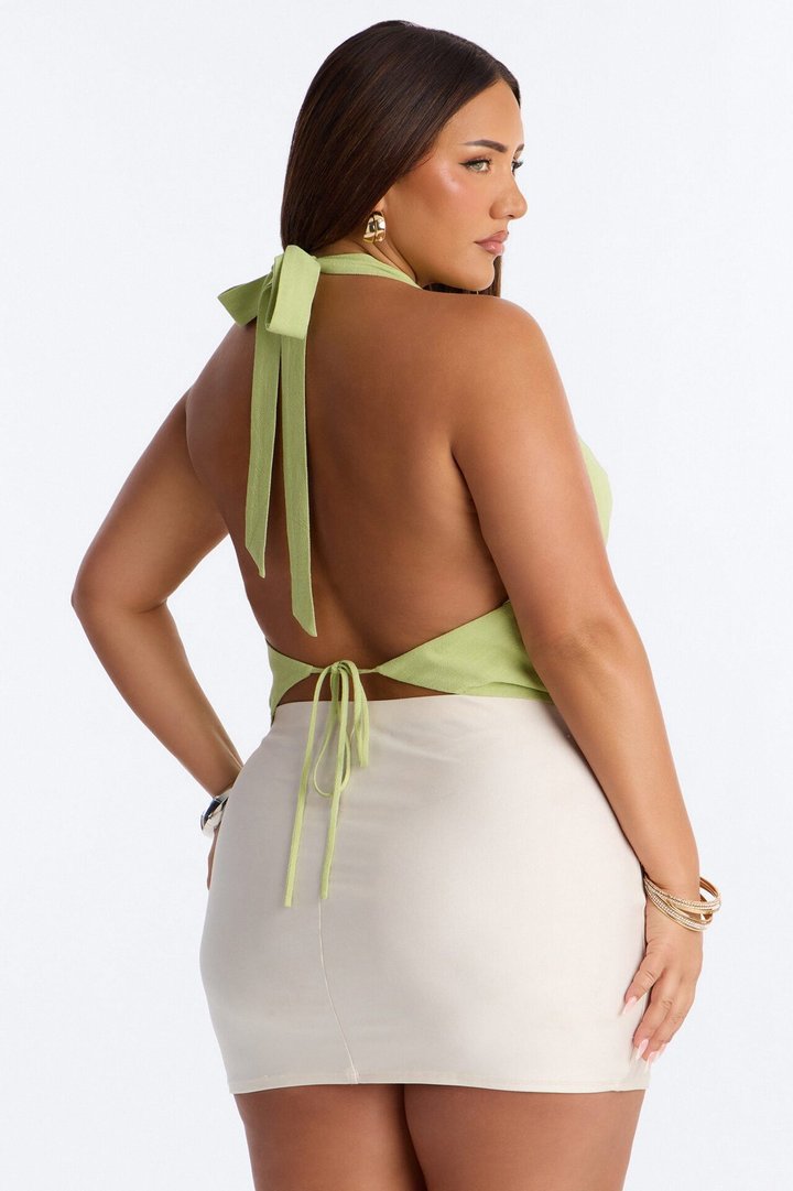 Just Out Here Cowl Neck Linen Halter Top - Sage