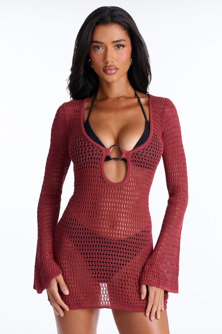 Clare Textured Long Sleeve O-Ring Swim Cover Up Dress - Burgundy