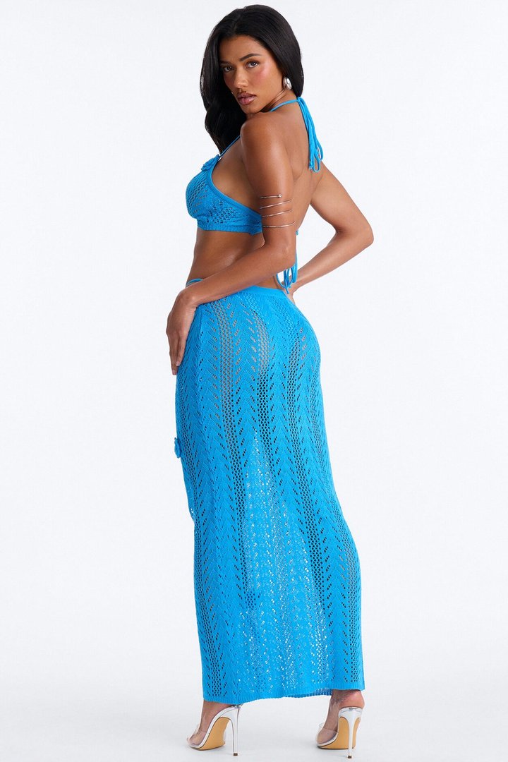 Seas The Bloom 3 Piece Floral Swim Crochet Cover Up Skirt Set - Blue