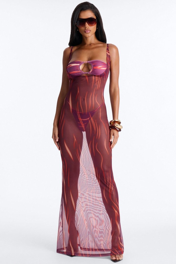 Soul On Fire 3 Piece Bandeau Bikini & Cover Up Plunge Maxi Dress - Red/combo