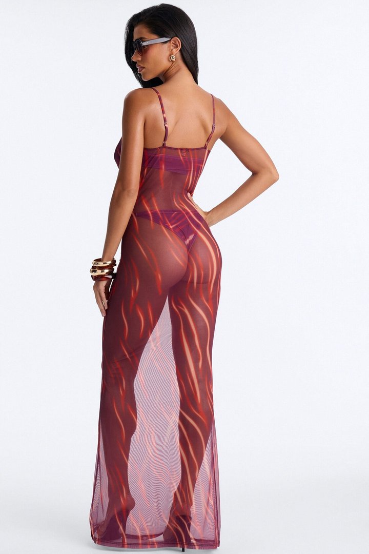 Soul On Fire 3 Piece Bandeau Bikini & Cover Up Plunge Maxi Dress - Red/combo