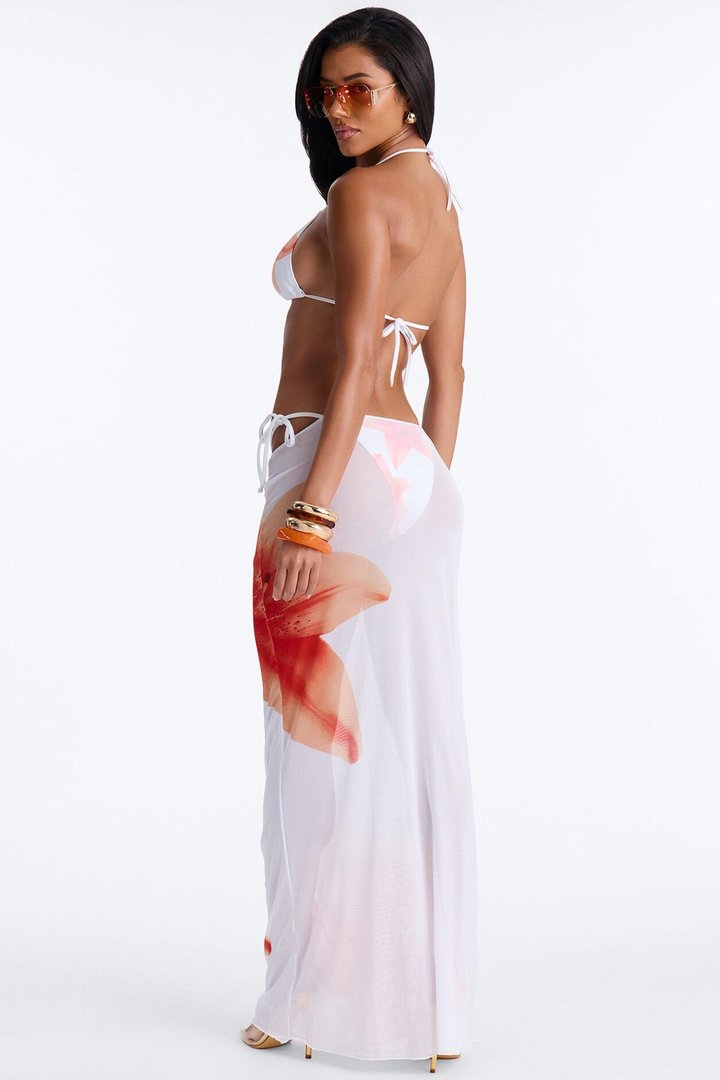 Cora 3 Piece Floral Triangle Bikini & Mesh Cover Up Maxi Skirt Sunsuit - Orange/combo