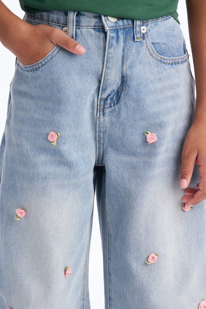 Mini Fabulous Floral Wide Leg Jeans - Medium Wash