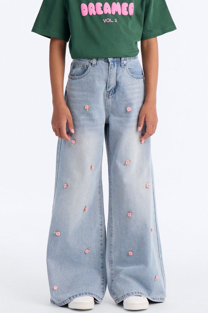 Mini Fabulous Floral Wide Leg Jeans - Medium Wash