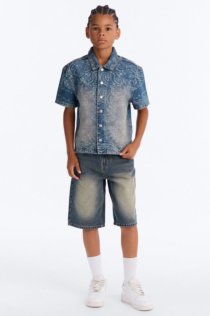 Mini Paisley Last Denim Button Up Shirt - Medium Wash