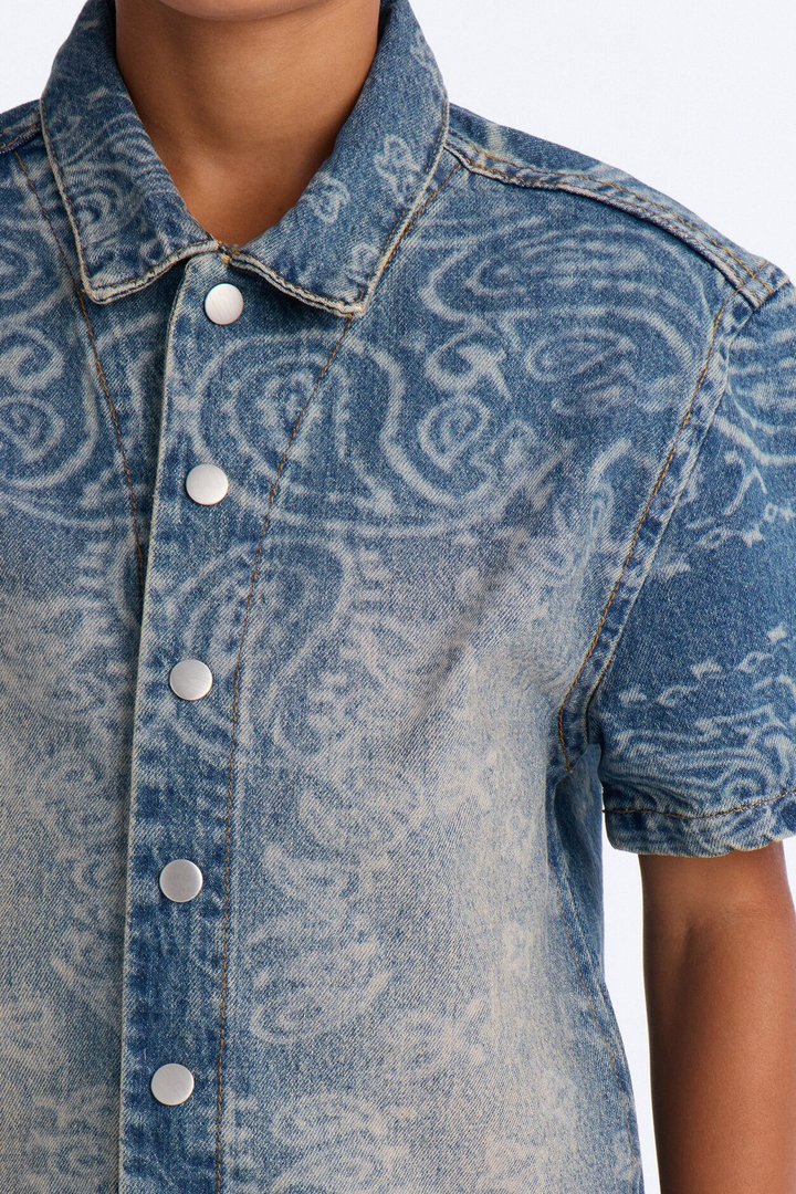 Mini Paisley Last Denim Button Up Shirt - Medium Wash
