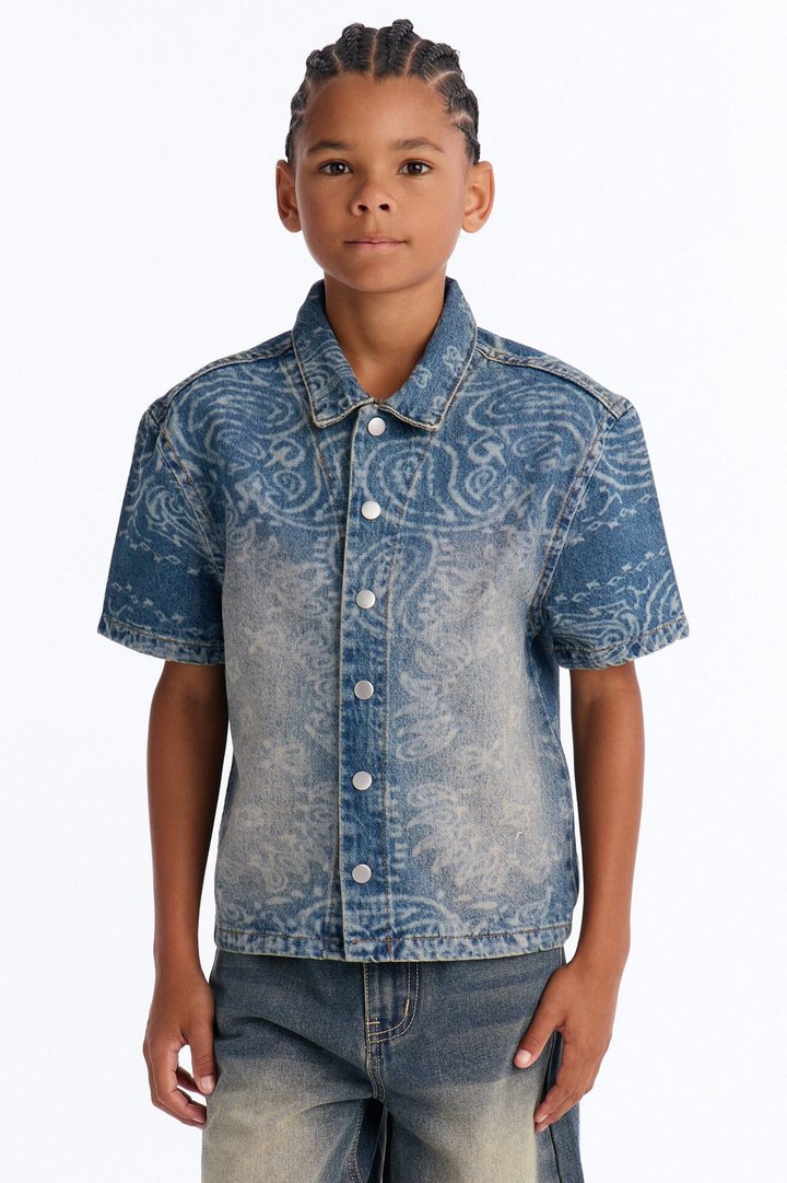 Mini Paisley Last Denim Button Up Shirt - Medium Wash