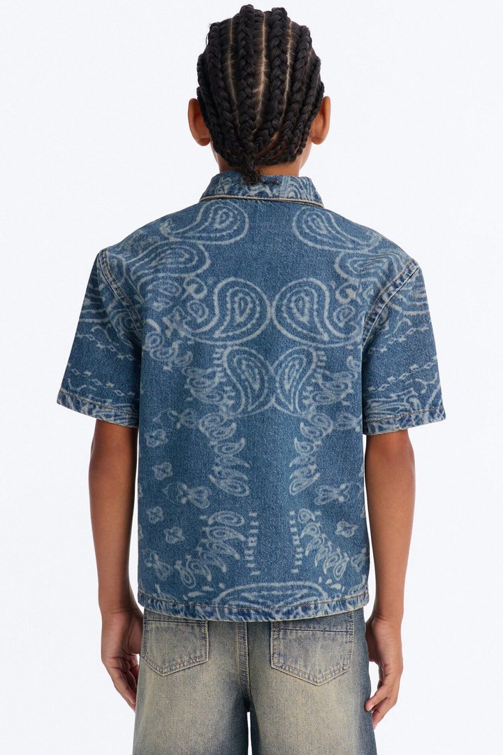 Mini Paisley Last Denim Button Up Shirt - Medium Wash