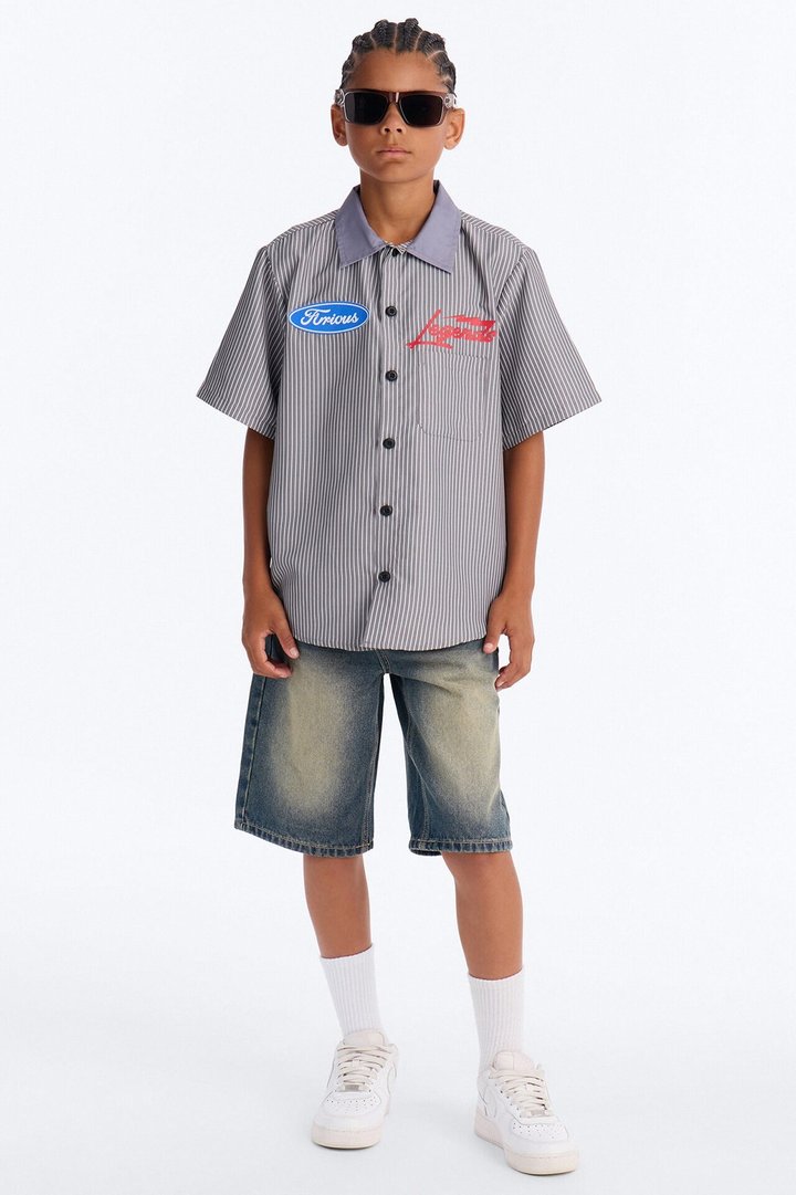 Mini No Questions Asked Striped Button Up Shirt - Black