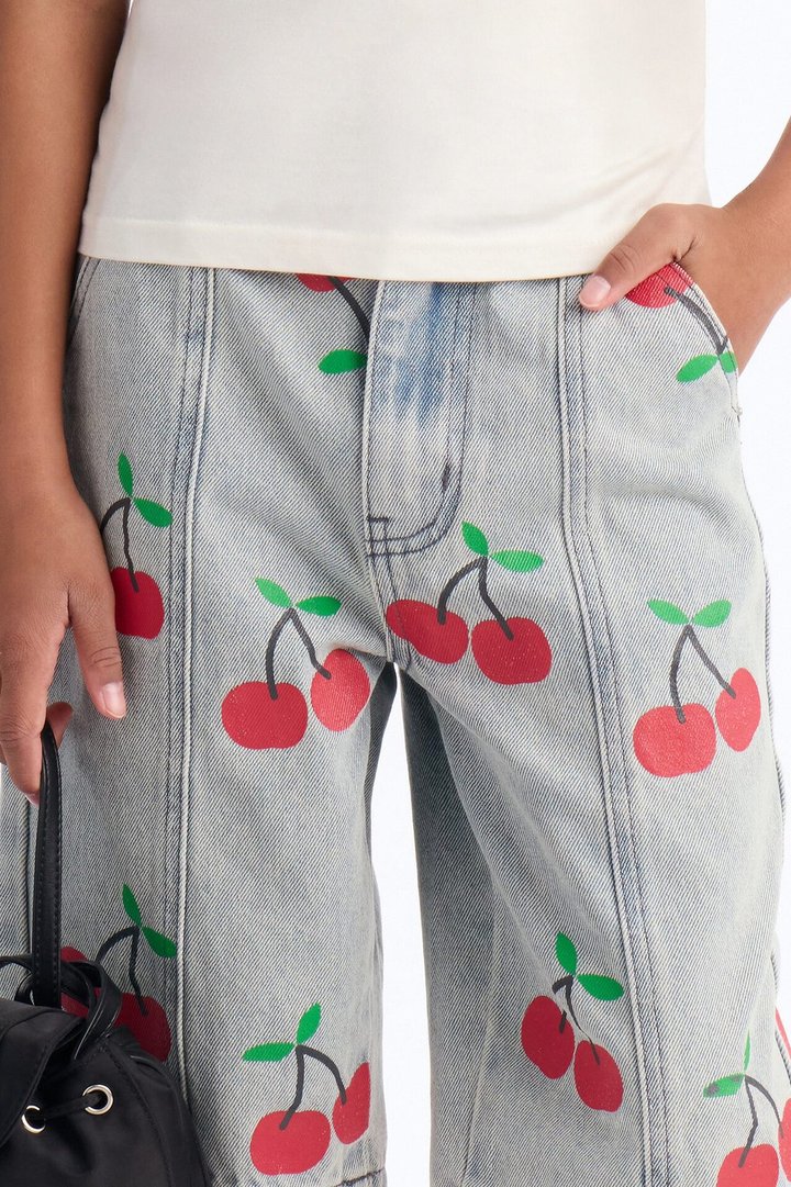Mini Cherry On Top Printed Denim Jorts - Light Wash