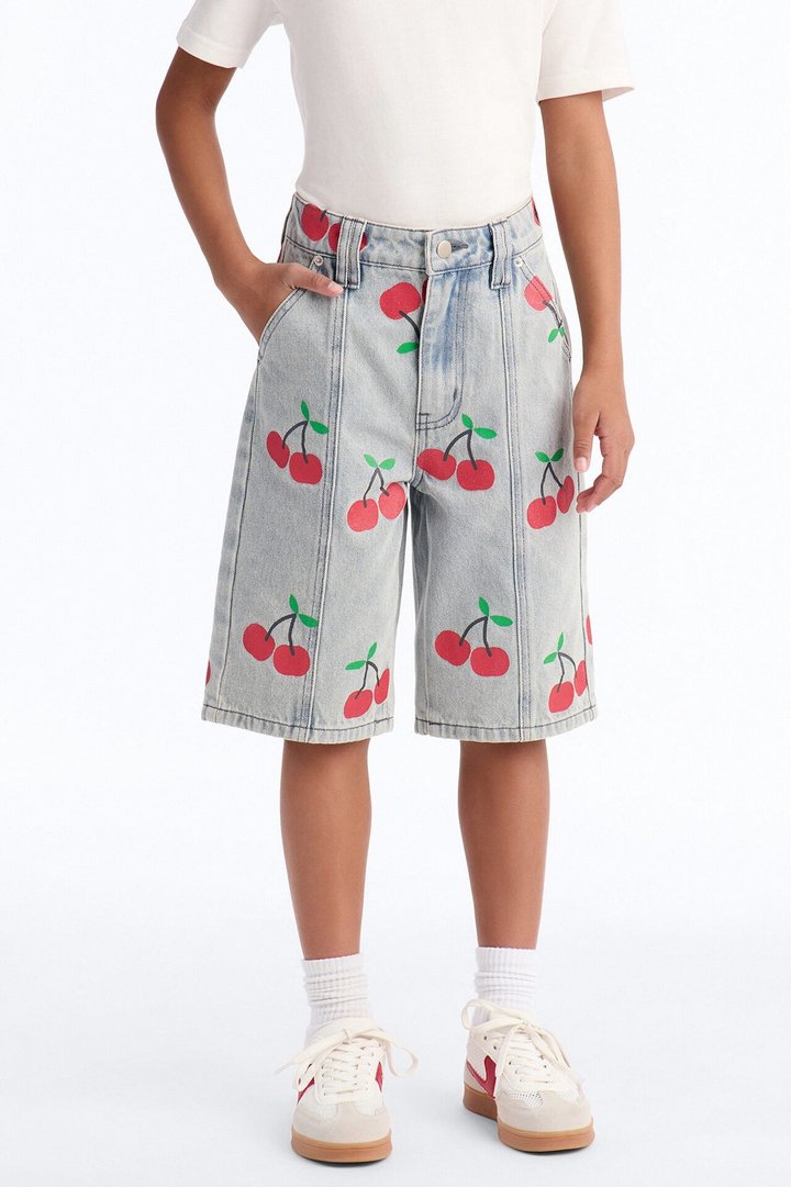 Mini Cherry On Top Printed Denim Jorts - Light Wash
