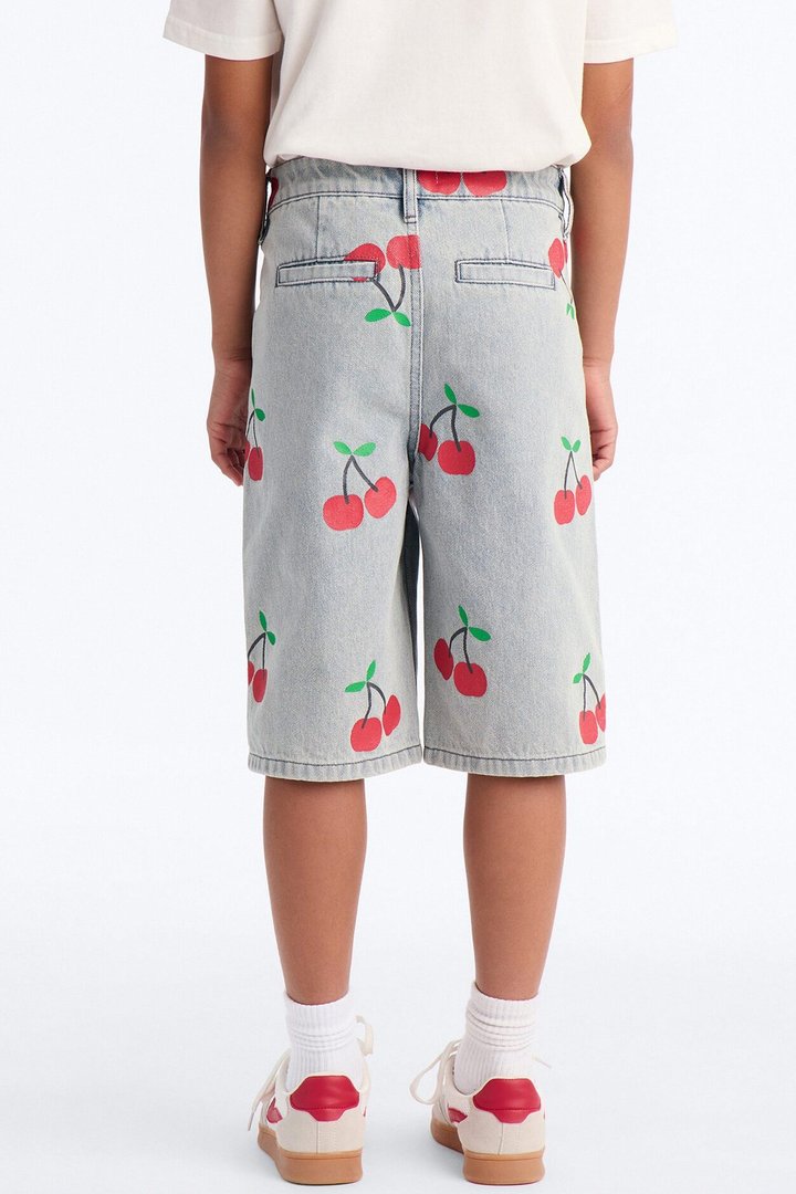Mini Cherry On Top Printed Denim Jorts - Light Wash
