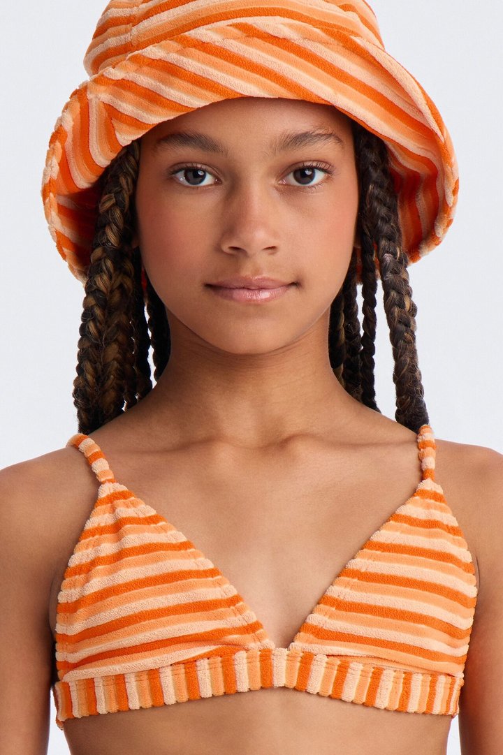 Mini Joanna Stripe Terry Bucket Hat & Skirt 4 Piece Bikini Set - Orange/combo