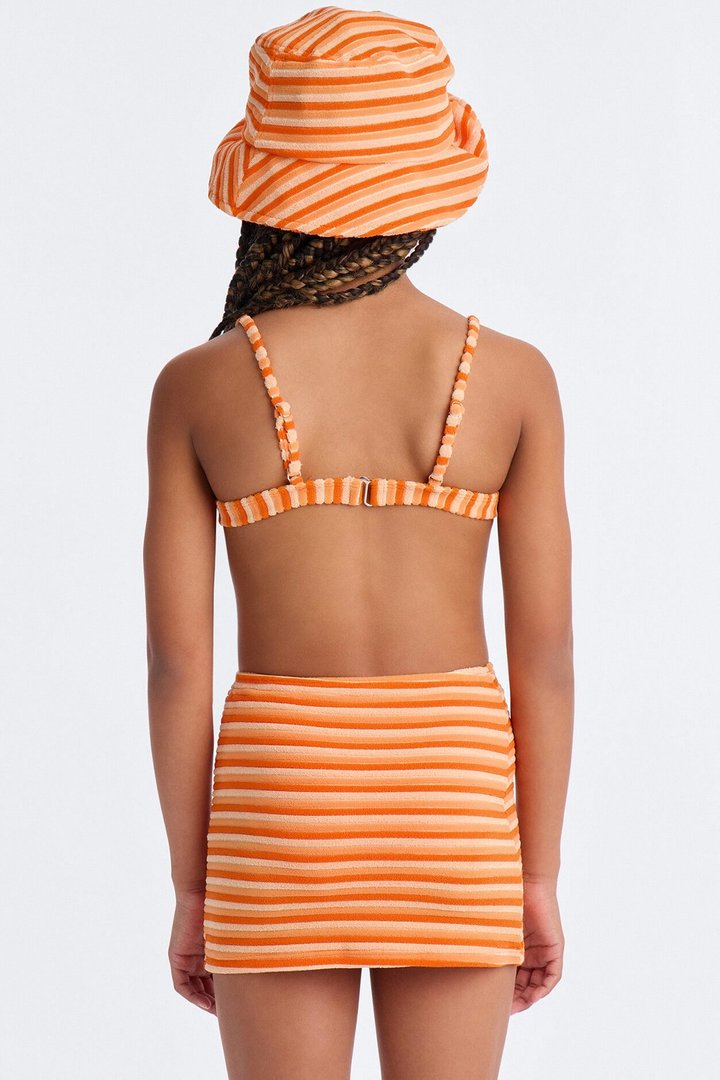 Mini Joanna Stripe Terry Bucket Hat & Skirt 4 Piece Bikini Set - Orange/combo