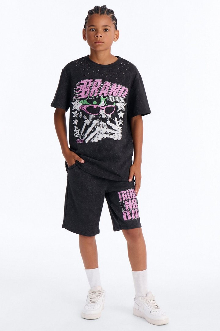 Mini Trust No One Mineral Wash Short Set - Black Wash
