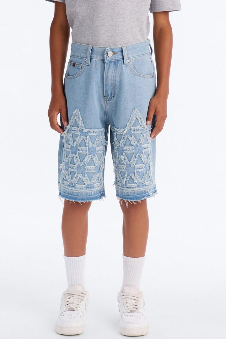 Mini Never Give Up Frayed Denim Shorts - Light Blue