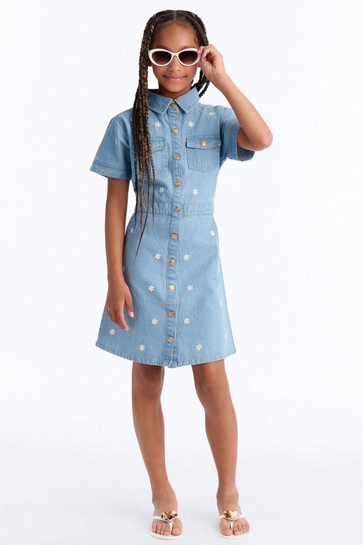 Mini Flowers Everywhere Denim Dress - Light Wash