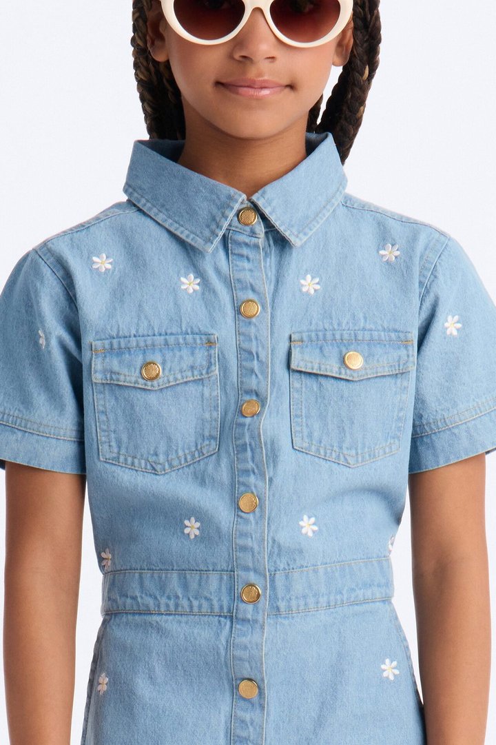 Mini Flowers Everywhere Denim Dress - Light Wash