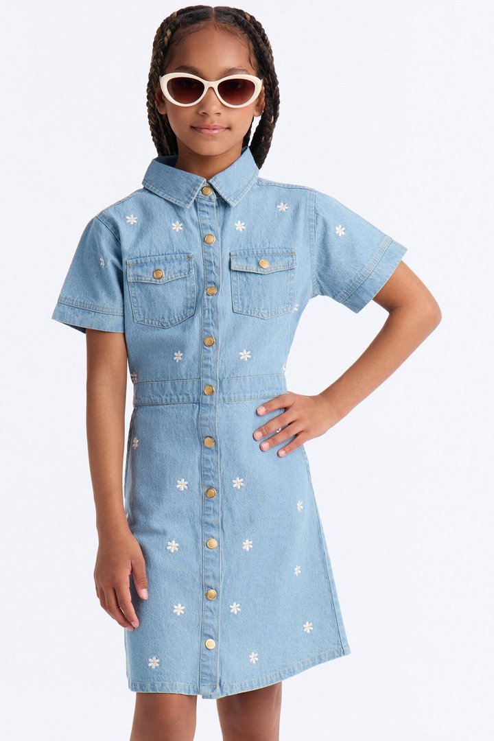 Mini Flowers Everywhere Denim Dress - Light Wash