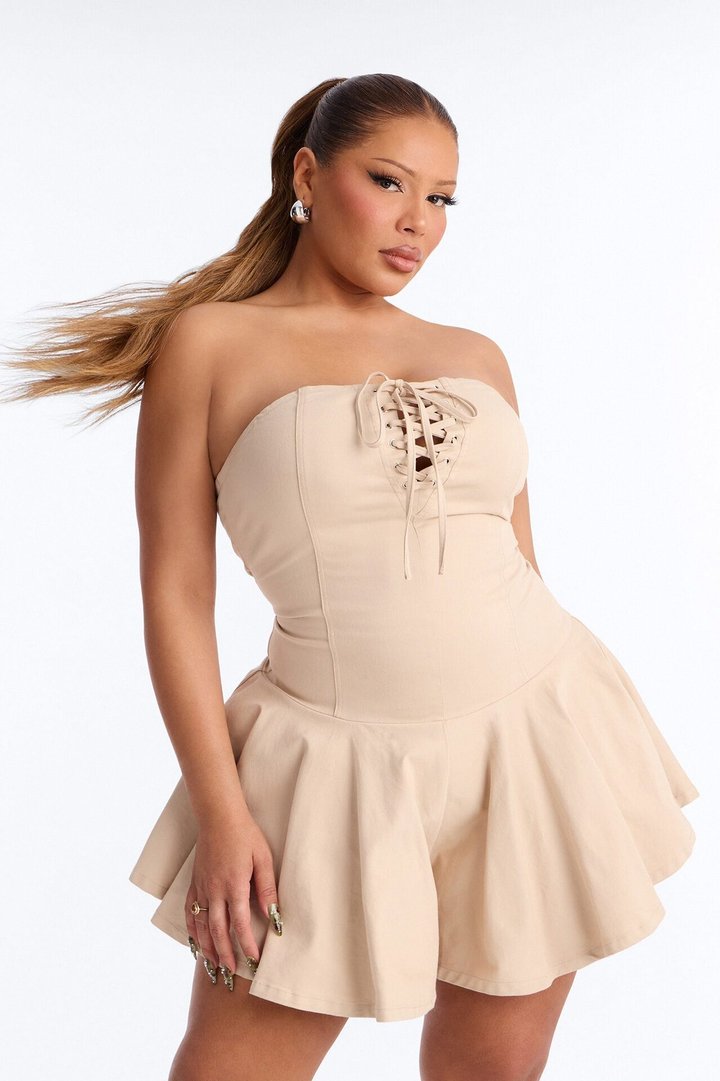 Shana Twill Strapless Ruffle Romper - Taupe