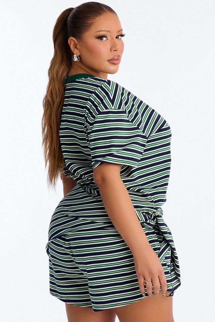 Halle Striped Waist Scarf Romper - Green