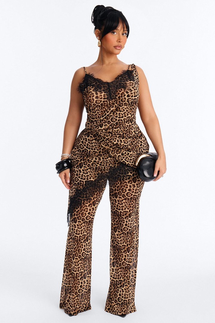 Jules Leopard Lace Mesh Pant Set - Brown/combo