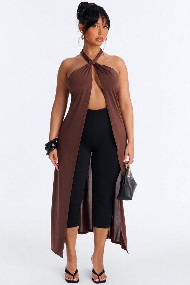 Luna Long Flyaway Low Back Top - Brown
