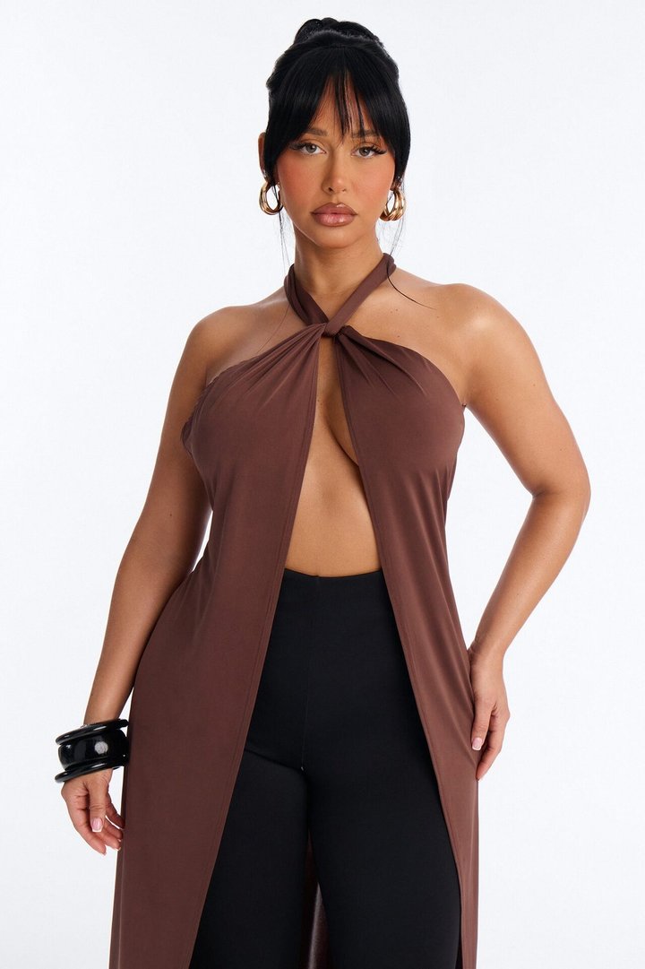 Luna Long Flyaway Low Back Top - Brown
