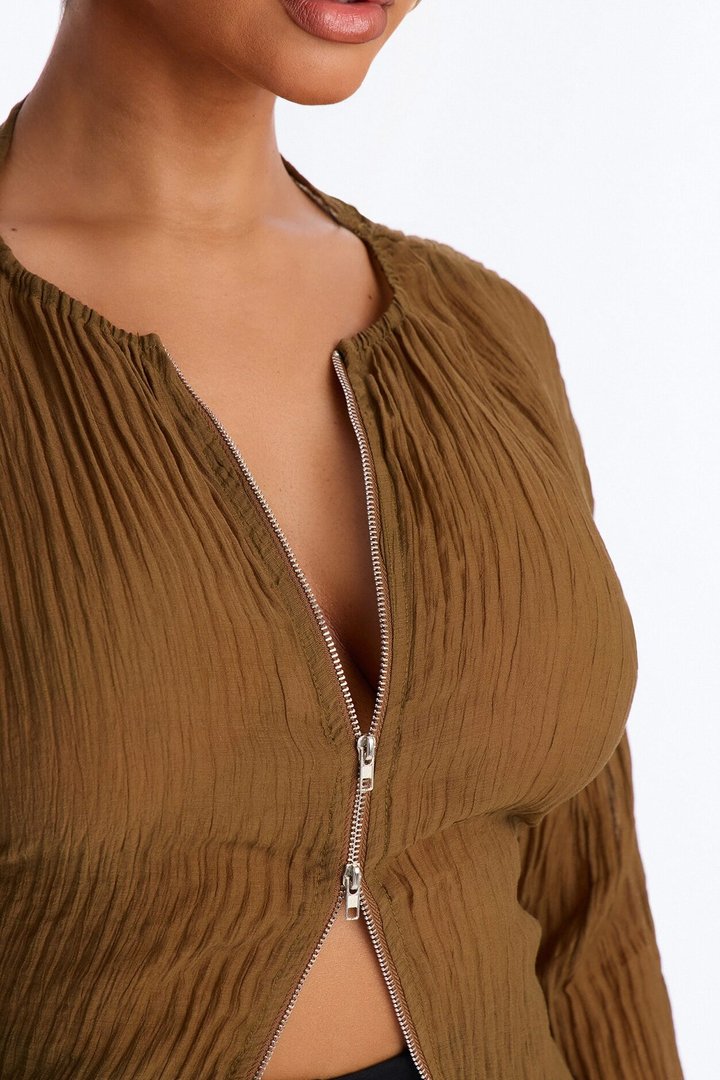 Kasey Front Zip Plisse Top - Olive