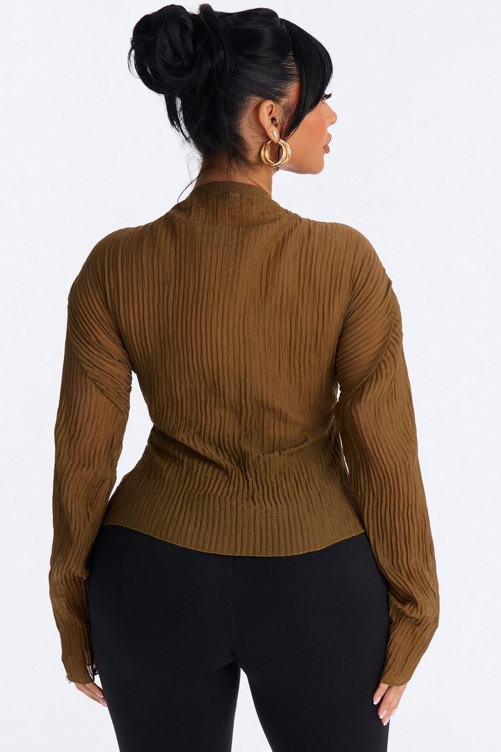 Kasey Front Zip Plisse Top - Olive