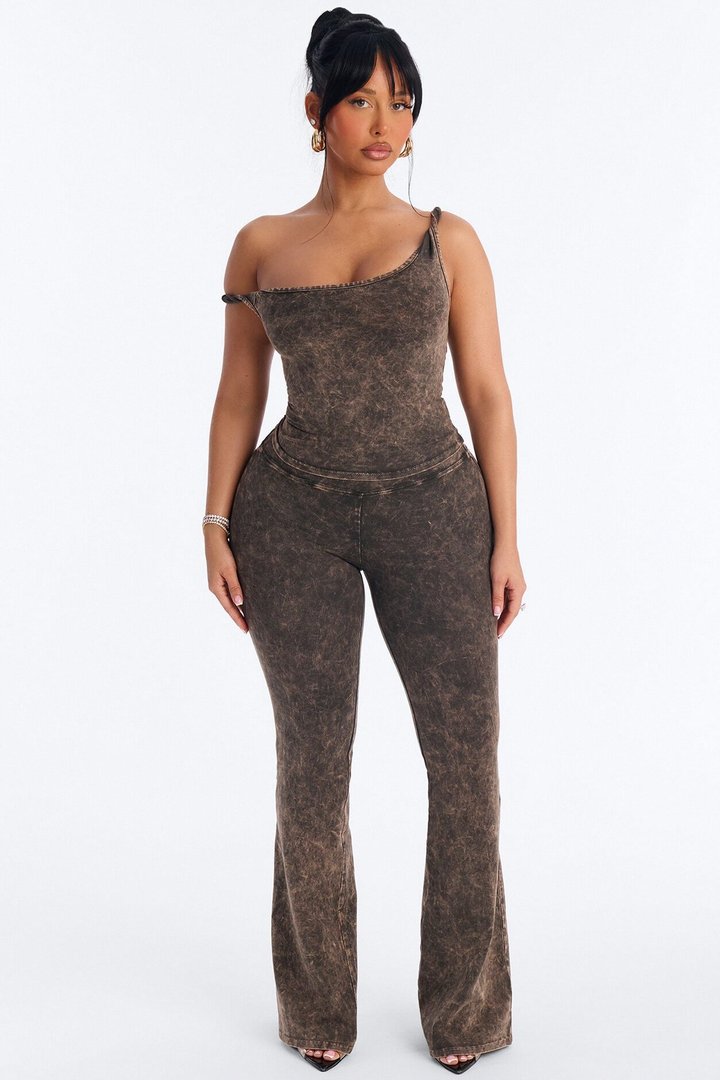 Tiana Off Shoulder Washed Pant Set - Brown